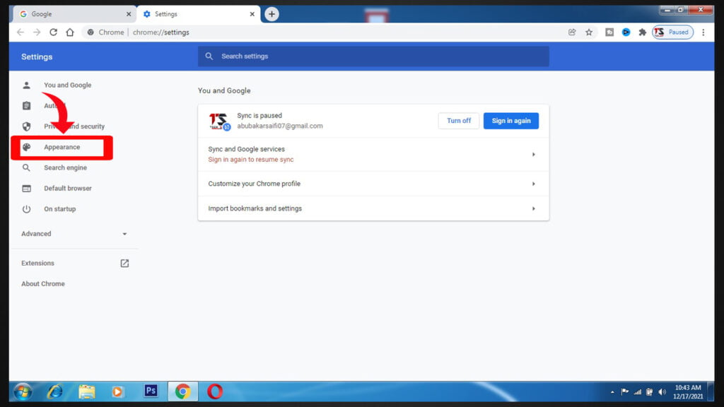 google chrome browser appearance option