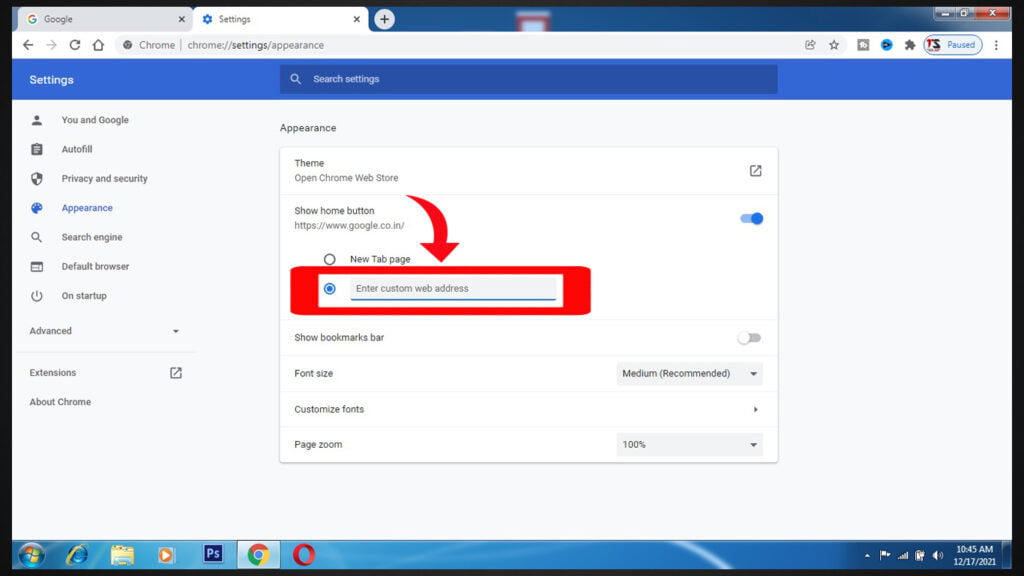 google chrome browser homepage set option